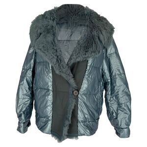 Prada Down Jacket with Faux Fur Hood in Light Blue Nylon